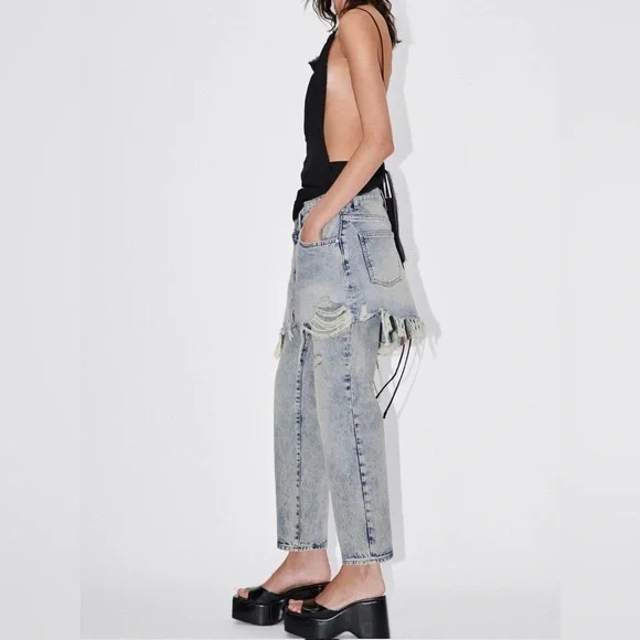 Zara The Layered Denim Skirt Over Jeans Size 2 - Picture 4 of 16